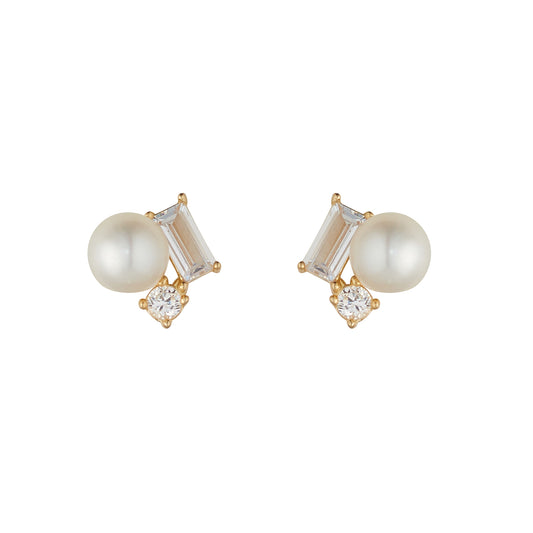 9ct Gold Pearl & Baguette CZ Stud Earrings GEP250