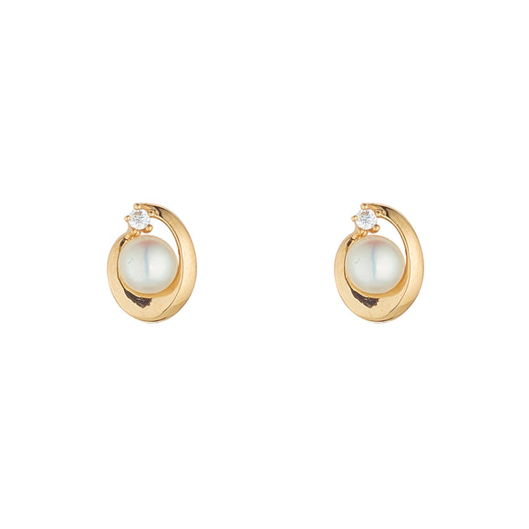 9ct Gold Pearl & CZ Oval Swirl Earrings