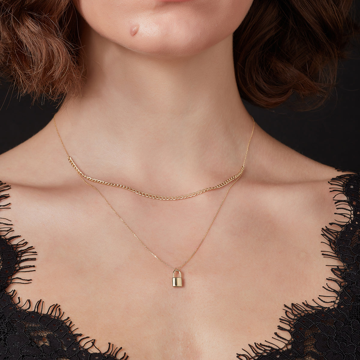 9ct Gold Layered Curb Chain & Padlock Necklet GP599