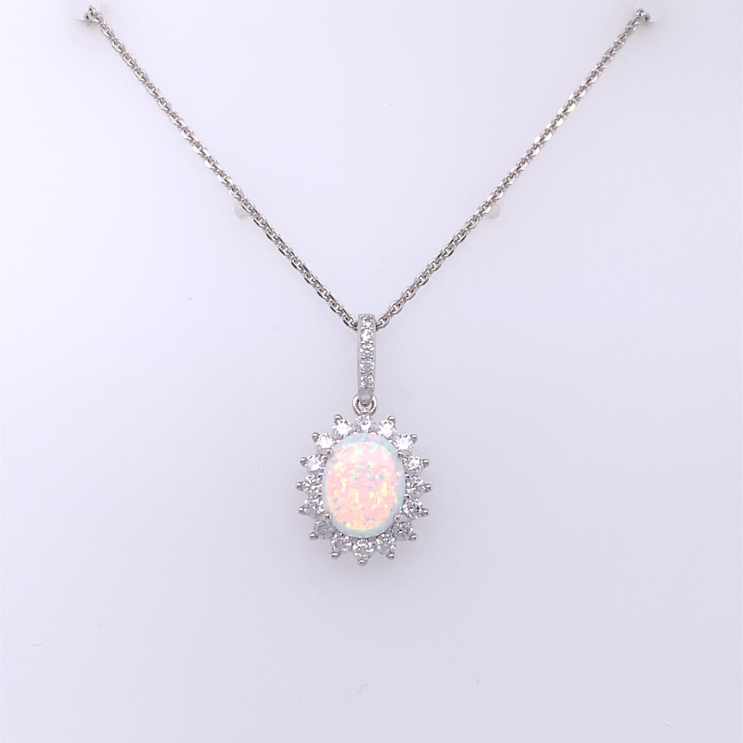 Sterling Silver Opal CZ Oval Cluster Pendant GL1319