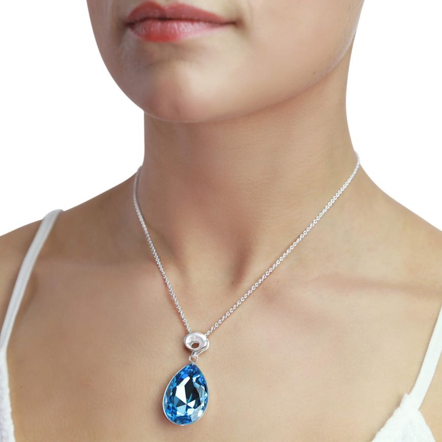 Silver Large Teardrop Aquamarine Crystal Pendant