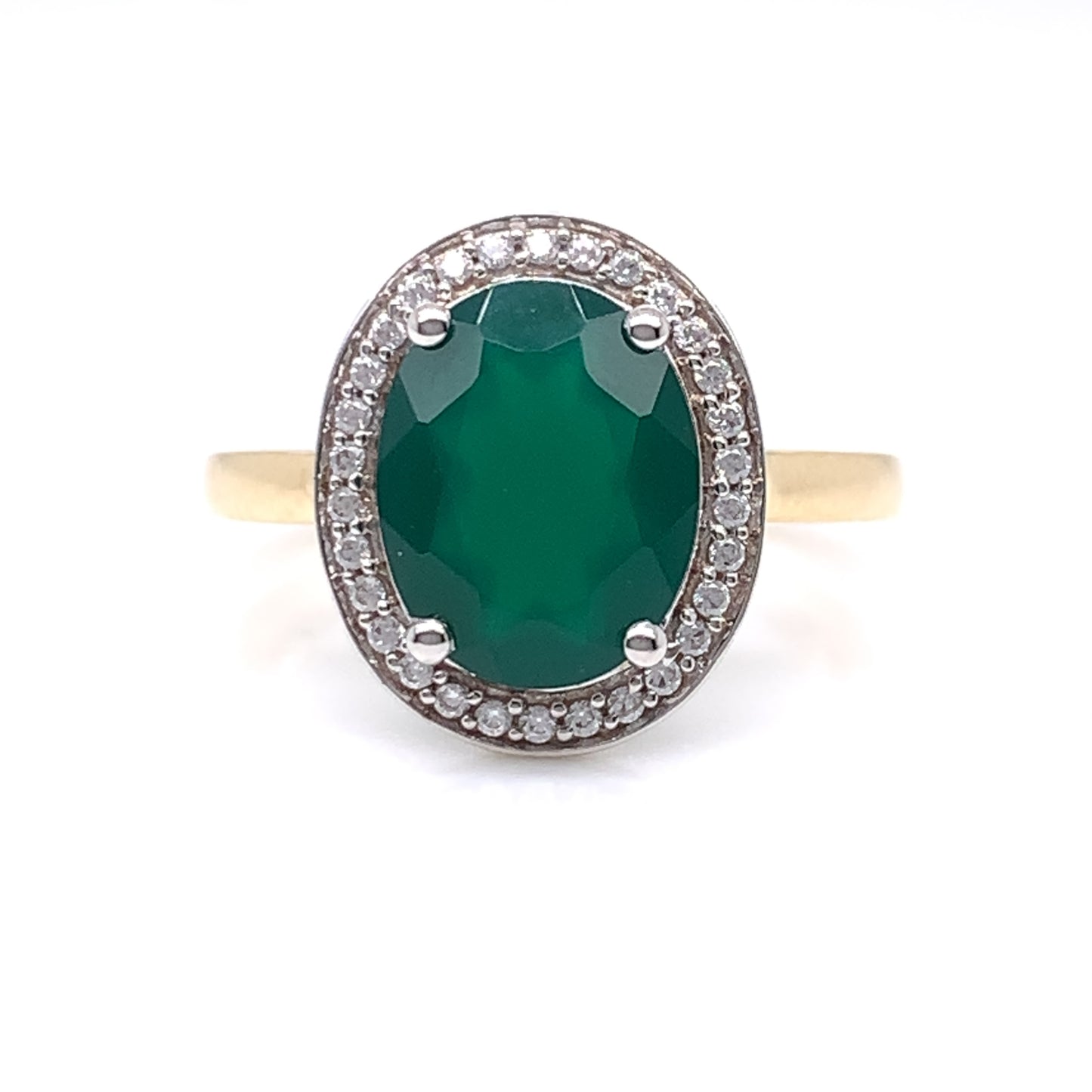 9ct Gold Green Agate & CZ Vintage Cluster Ring