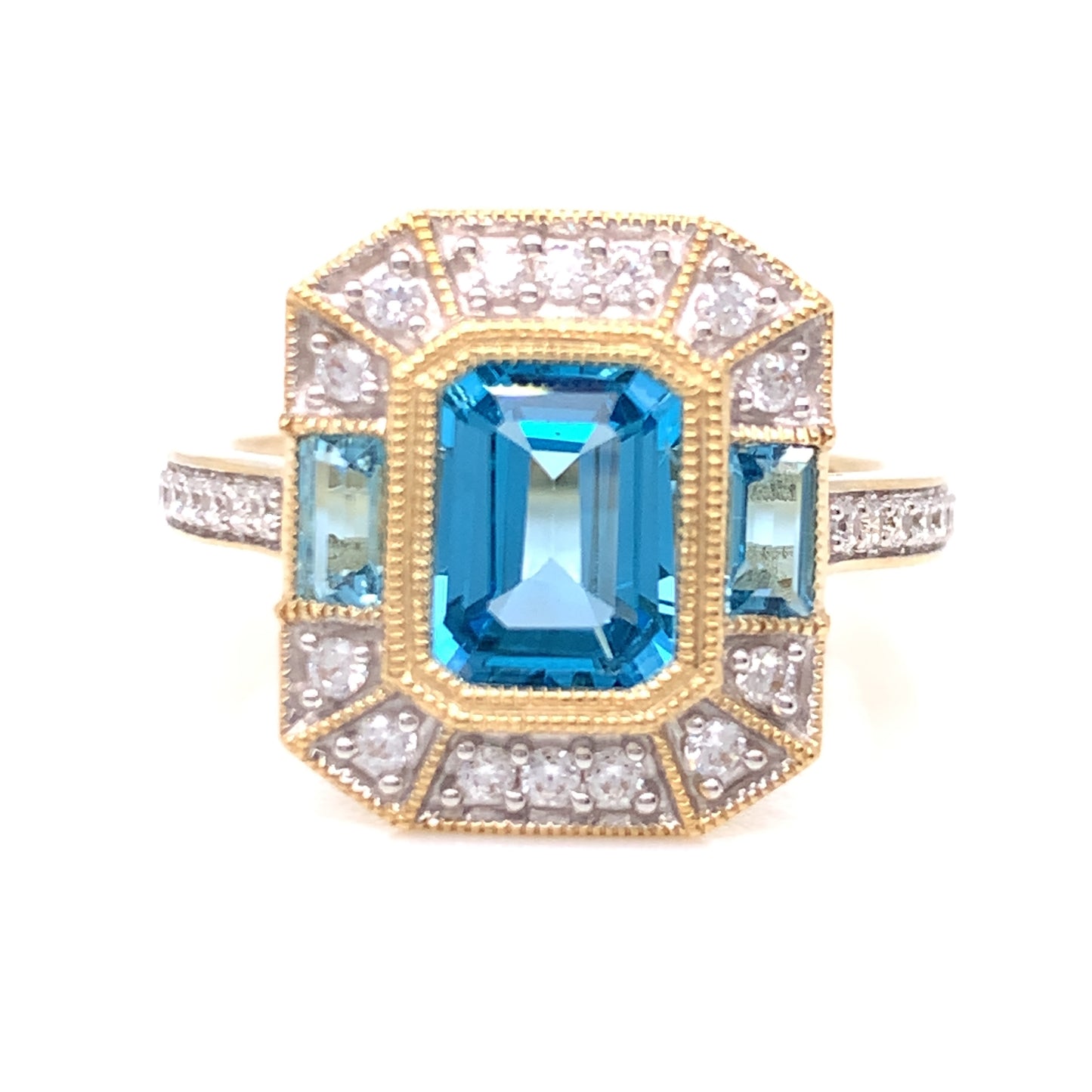 9ct Gold Blue Topaz & CZ Deco Style Ring