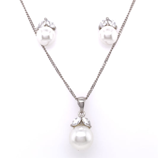 Sterling Silver Drop Pearl & CZ Pendant & Earring Set CSS277