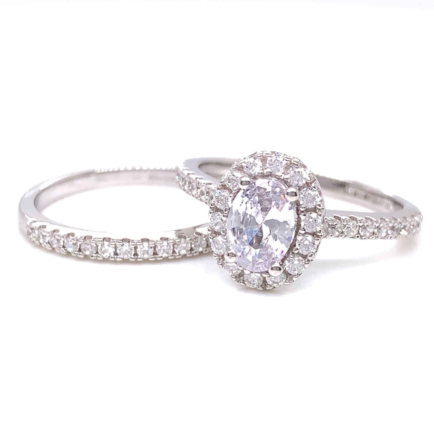 Sterling Silver CZ Oval Halo Ring Set