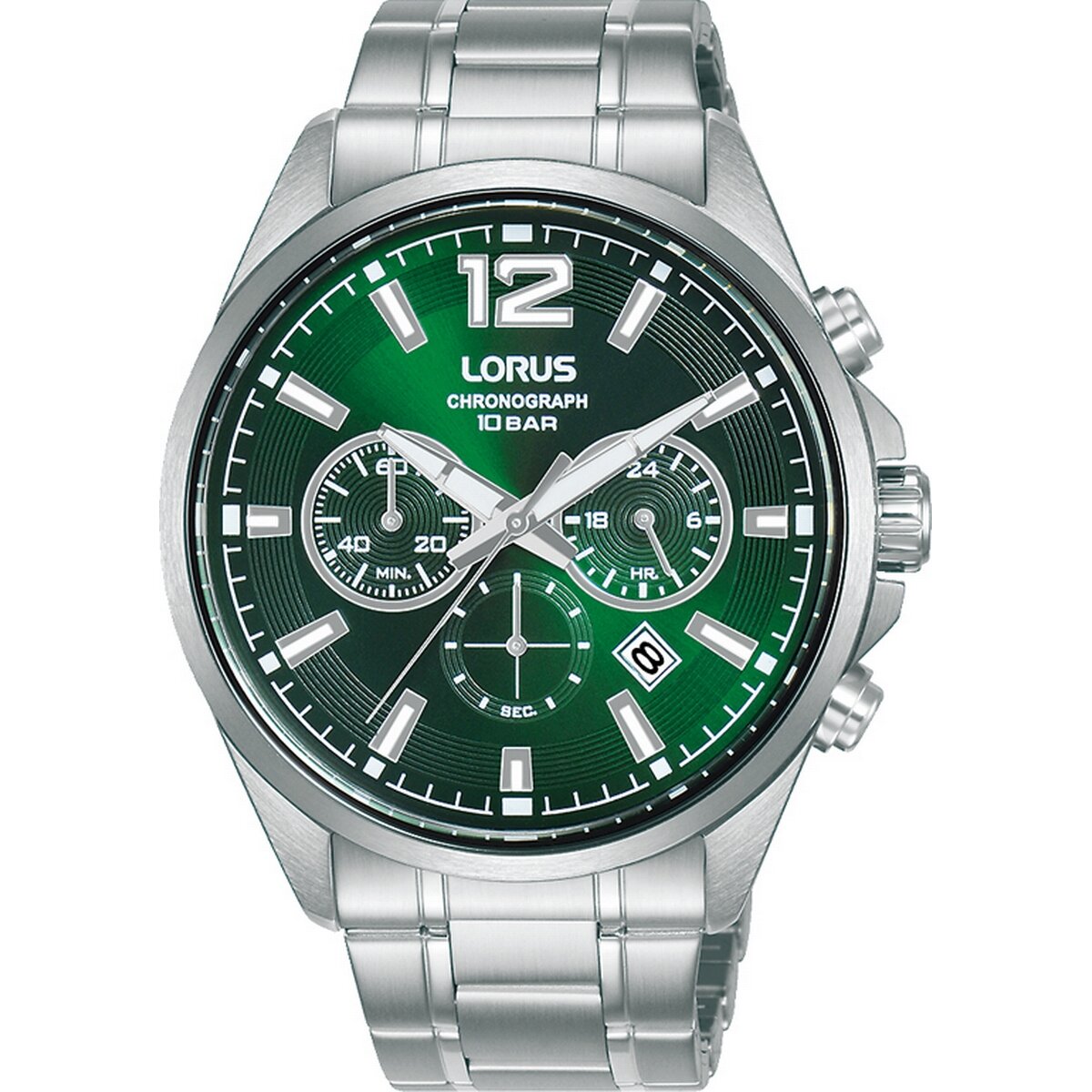 LORUS QZ CHRONOGRAPH GENTS STEEL GREEN DIAL WATCH RT385JX9