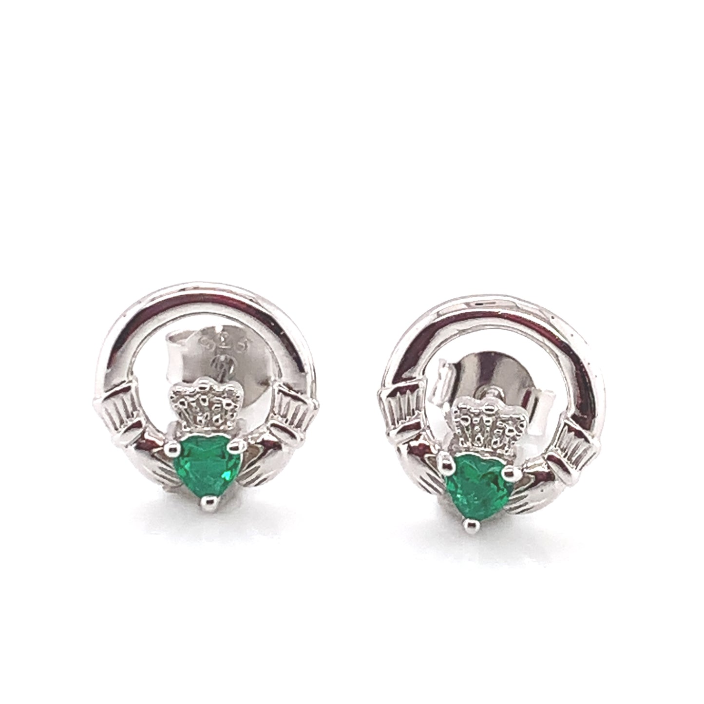 Silver Claddagh Green CZ Stud Earrings May Birthstone SE304/AG