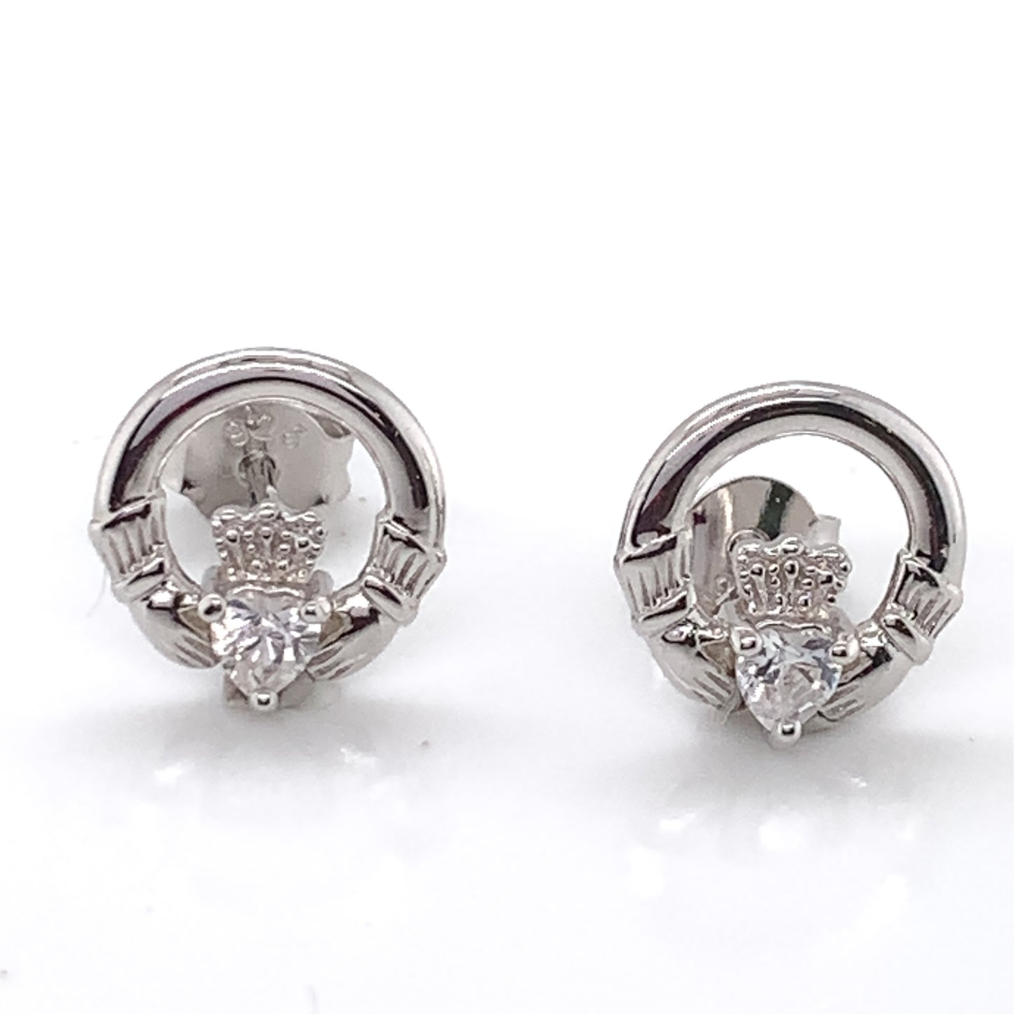 Silver Claddagh CZ Stud Earrings April Birthstone SE304/CZ