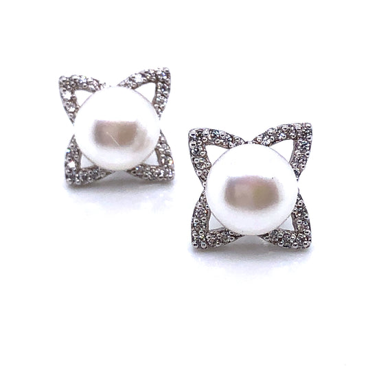 Silver Pearl & CZ Star Earrings REN05