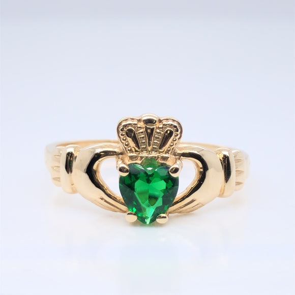 9ct Gold Green CZ Claddagh Ring GR338