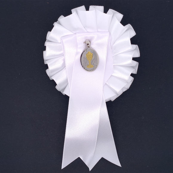 Sterling Silver Oval Communion Medal with White Rosette SM101/R