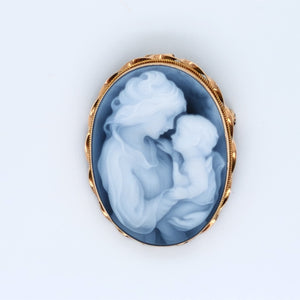 9ct Gold Blue Agate Cameo "Mother & Child"  Brooch/Pendant