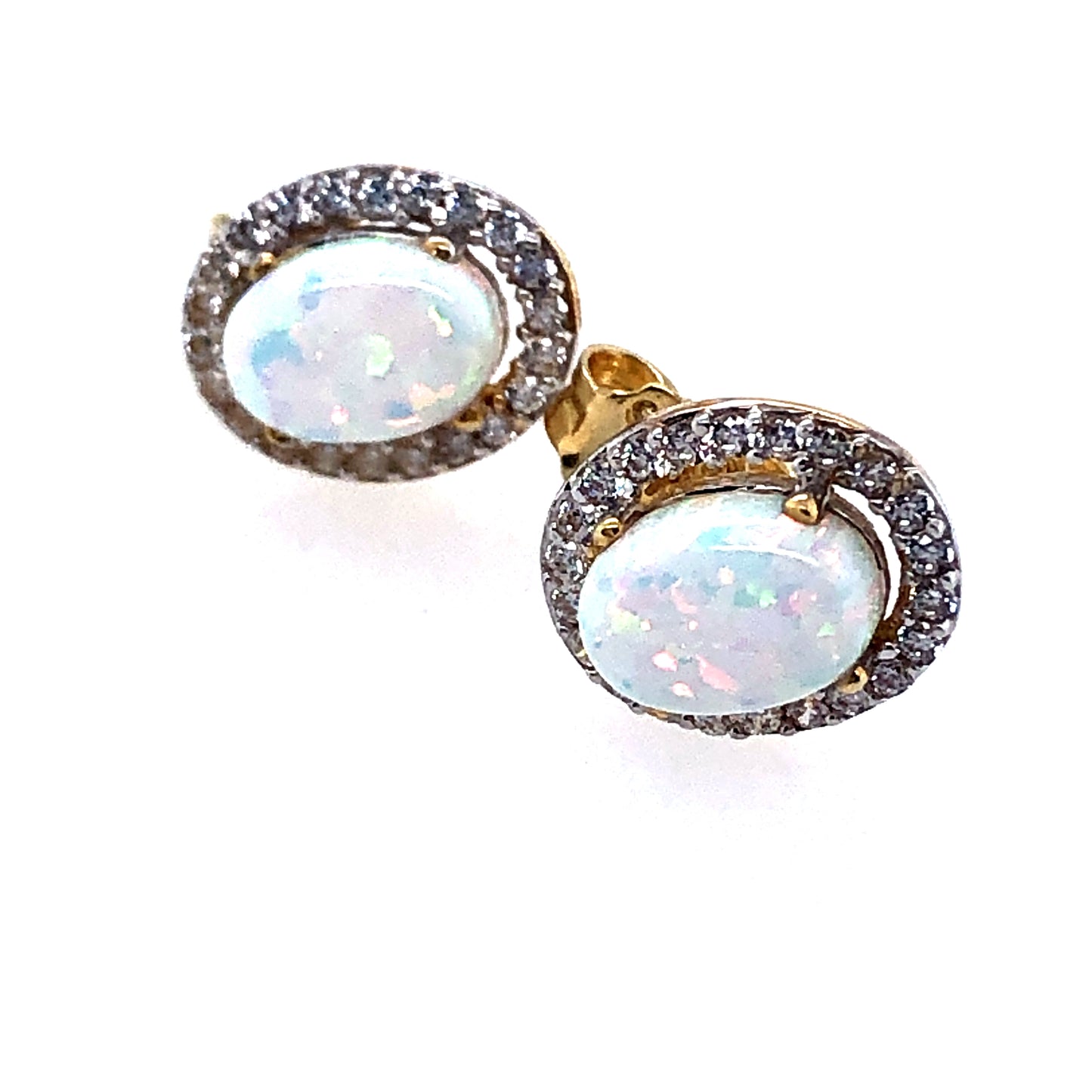 9ct Gold Created Opal & CZ Oval Halo Earrings GEX97