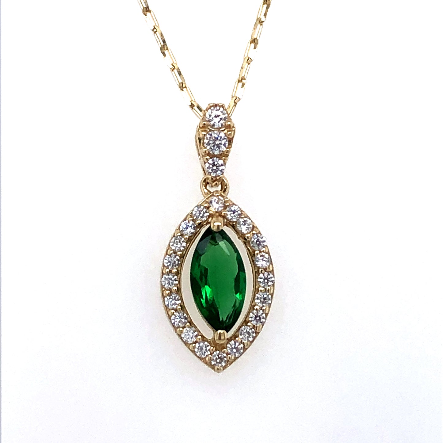 9ct Gold Synthetic Emerald & CZ Marquise Pendant GPE22