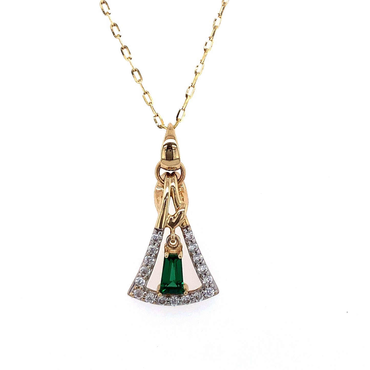 9ct Gold Synthetic Emerald & CZ Art Deco Pendant GPE23