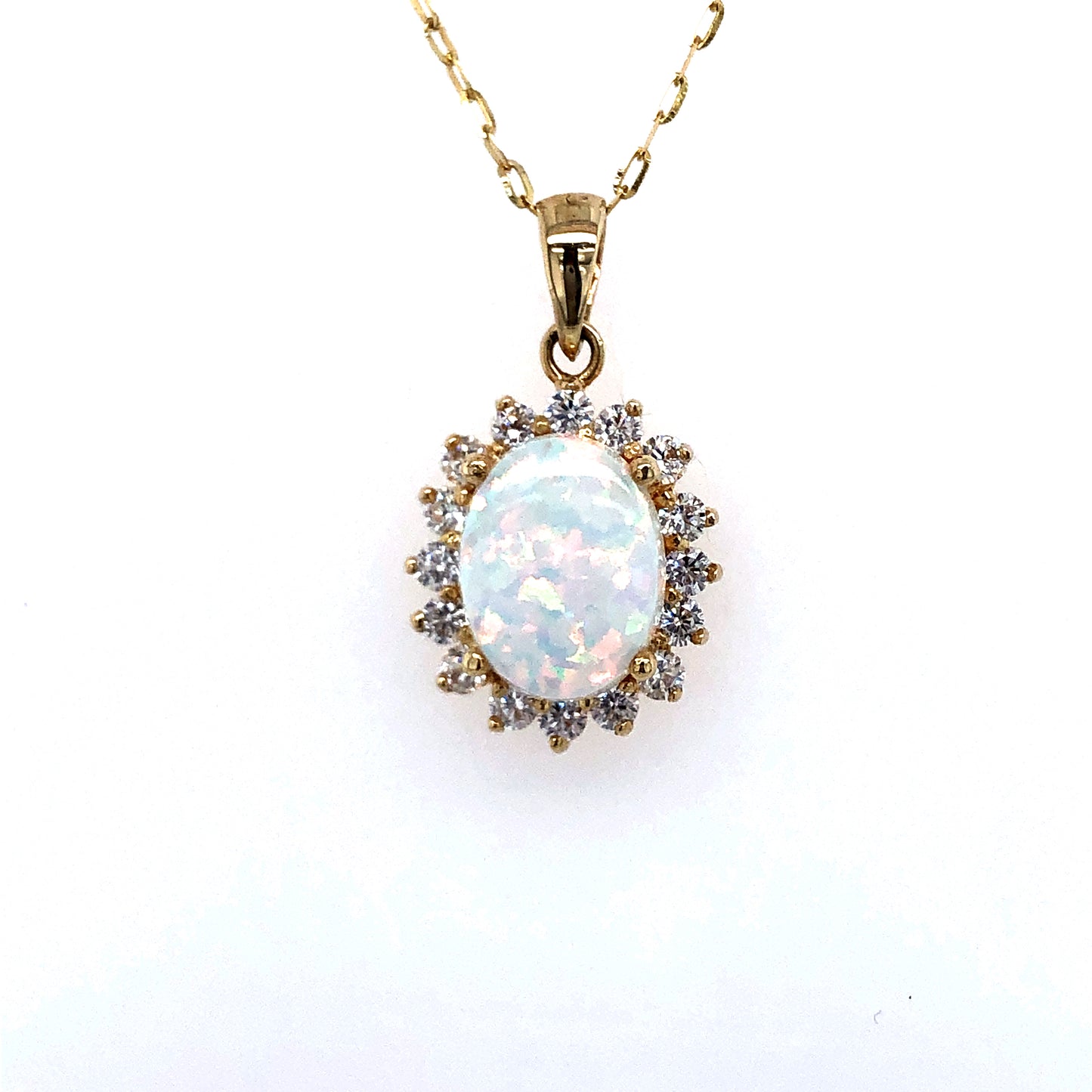 9ct Gold Created Opal & CZ Oval Cluster Pendant GPL60