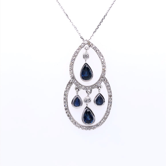 18ct White Gold Sapphire & Diamond Deco Style Teardrop Pendant