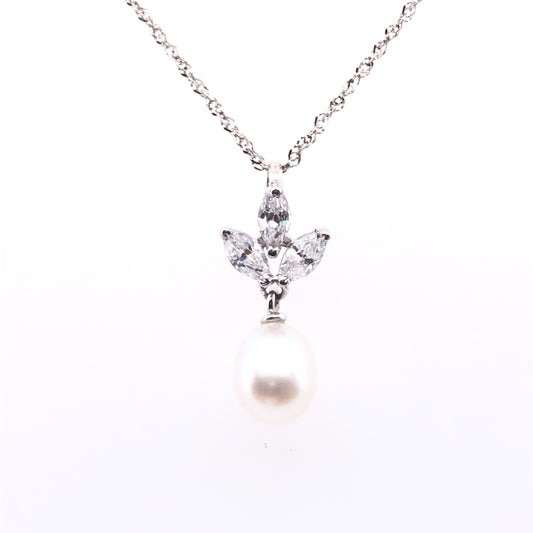 9ct White Gold Pearl & Marquise CZ Pendant GPX67