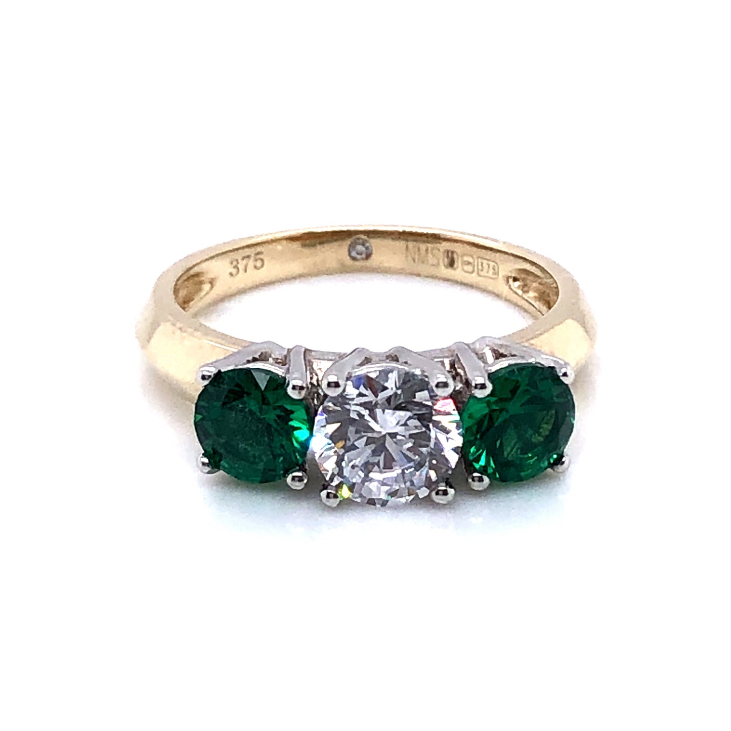 9ct Gold Green & White CZ Trilogy Ring GRE056