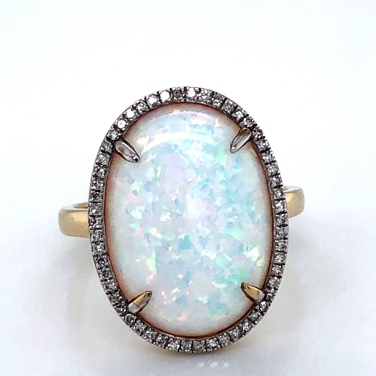 9ct Gold Created Opal & Diamond Oval Halo Ring