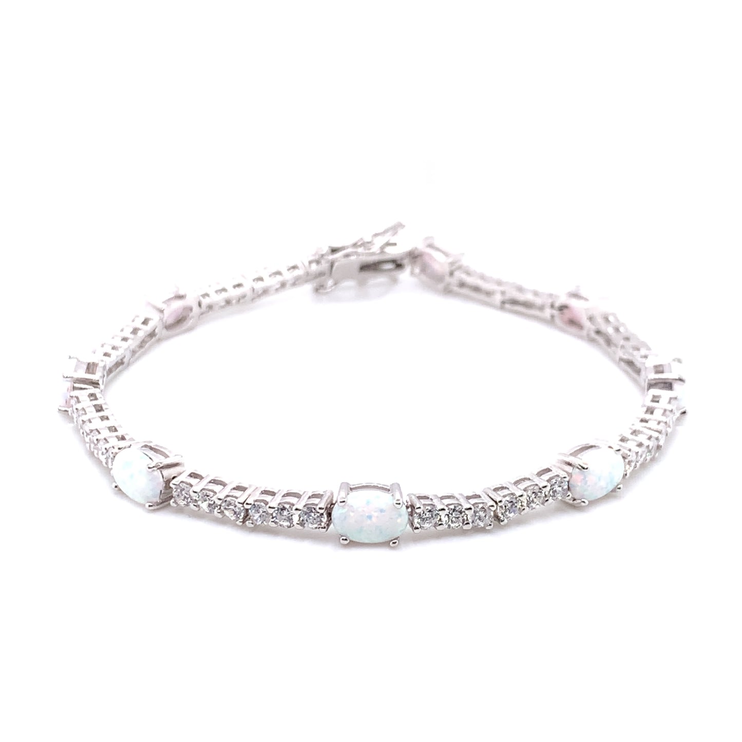 Sterling Silver Oval Opal CZ Bar Bracelet GL1171