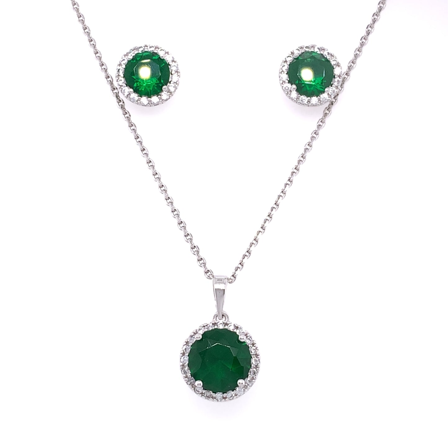 Sterling Silver Emerald CZ Halo Pendant & Earring Set GL1183GR
