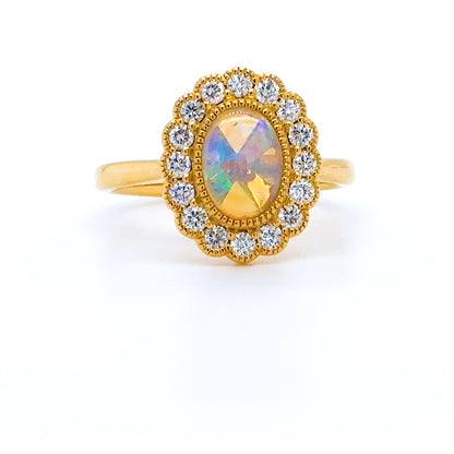 18ct Gold Real Opal & Diamond Cluster Ring GRL78