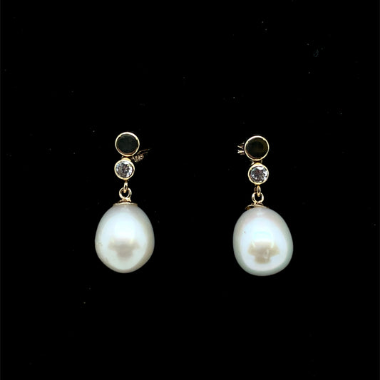 9ct Gold Pearl CZ Drop Earrings GEP372
