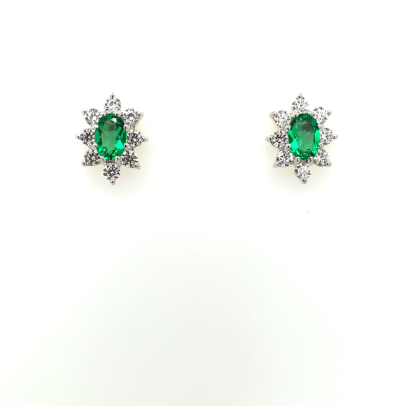 9ct Gold Syn Emerald & CZ Oval Cluster Stud Earrings GEE54