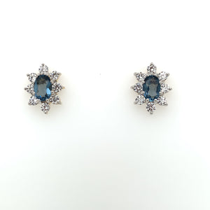 9ct Gold Syn Sapphire & CZ Oval Cluster Stud Earrings GES91