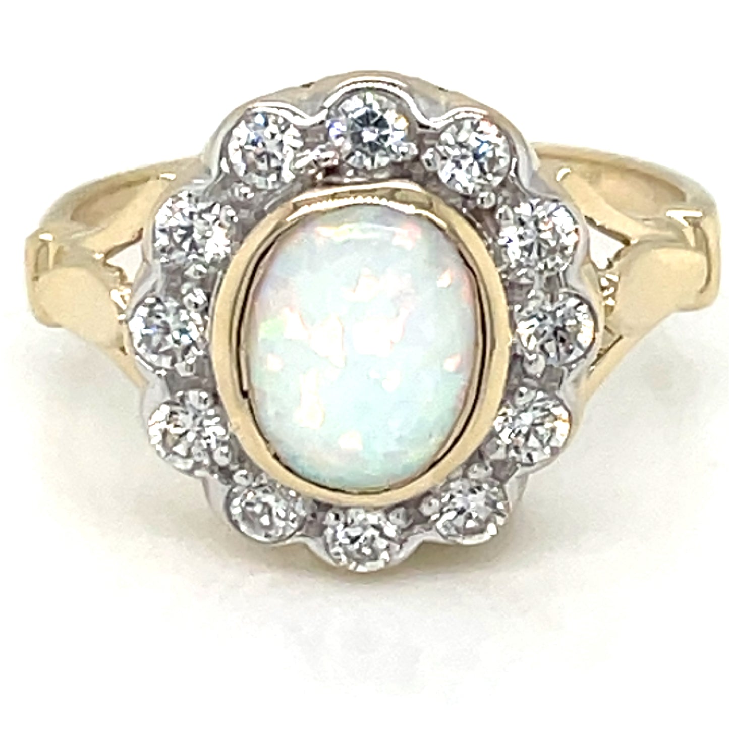 9ct Gold Created Opal & CZ Vintage Cluster Ring GRL71