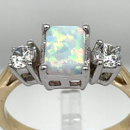 9ct Gold Rectangular Created Opal & CZ Ring GRL54