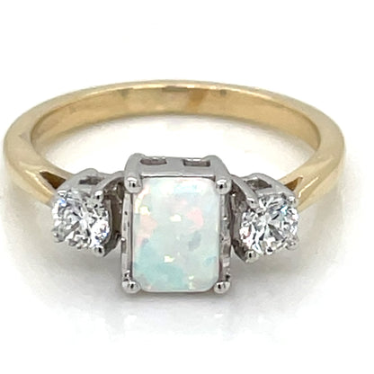 9ct Gold Rectangular Created Opal & CZ Ring GRL54