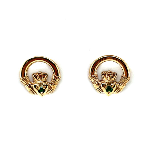 9ct Gold Claddagh Green Agate 10mm Stud Earrings GEE65