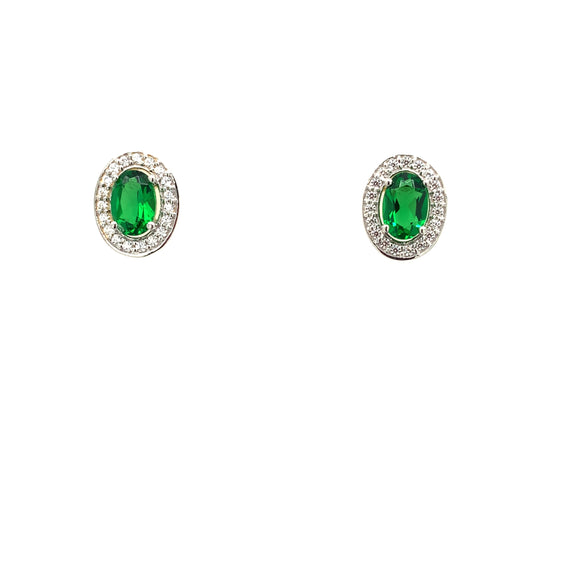 9ct Gold Syn Emerald & CZ Oval Halo Stud Earrings GEE53