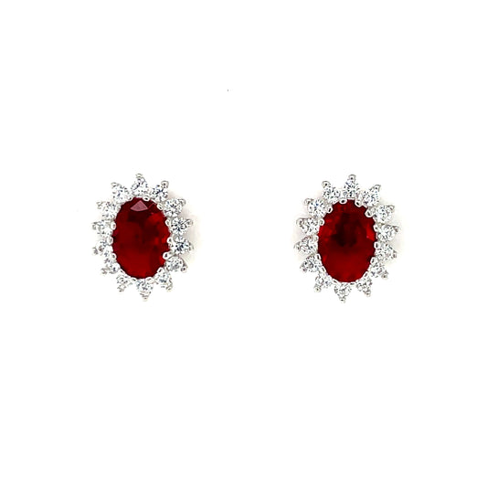 Sterling Silver Red CZ Oval Cluster Stud Earrings SE157/G
