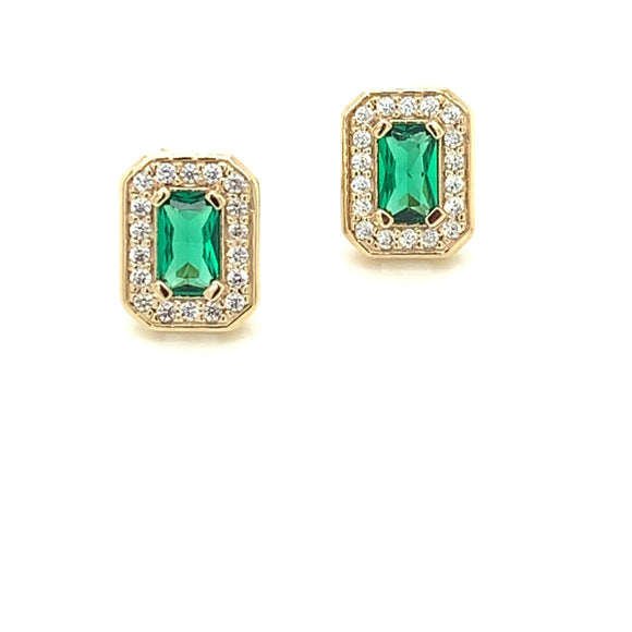 9ct Gold Syn Emerald & CZ Rectangular Halo Stud Earrings GEE55