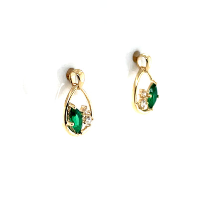 9ct Gold Syn Emerald & CZ Teardrop Stud Earrings GEE68