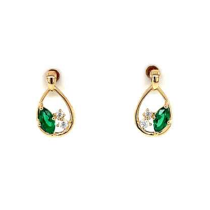 9ct Gold Syn Emerald & CZ Teardrop Stud Earrings GEE68