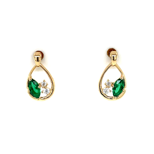 9ct Gold Syn Emerald & CZ Teardrop Stud Earrings GEE68