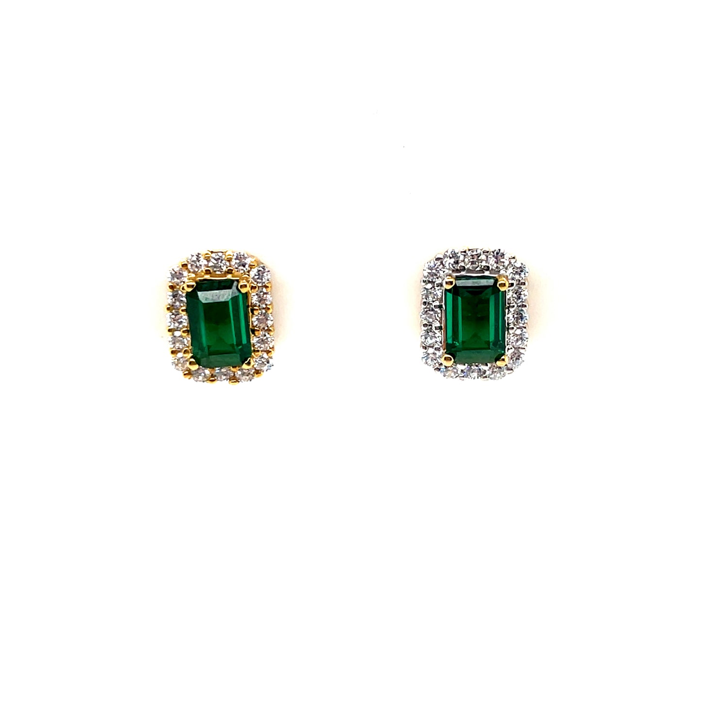 9ct Gold Emerald CZ Rectangular Halo Stud Earrings GEE67