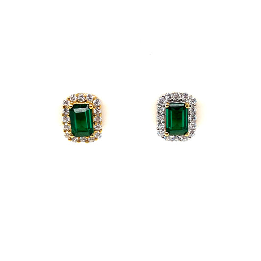 9ct Gold Emerald CZ Rectangular Halo Stud Earrings GEE67
