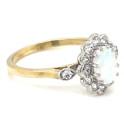 9ct Gold Created Opal CZ Vintage Style Cluster Ring GRL55