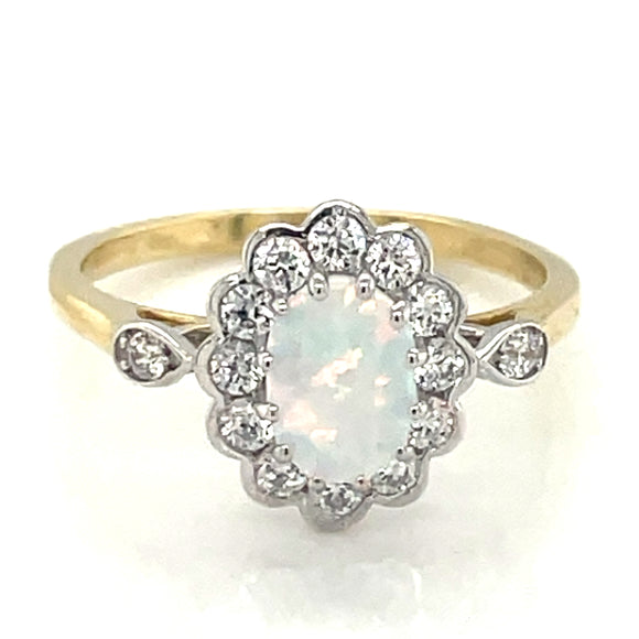 9ct Gold Created Opal CZ Vintage Style Cluster Ring GRL55