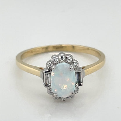 9ct Gold Created Opal CZ Deco Style Ring GRL56