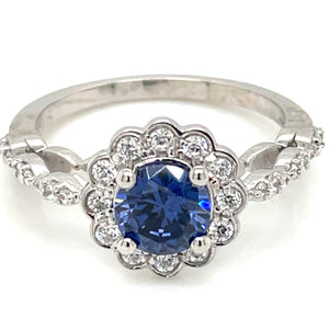 9ct White Gold Sapphire Blue CZ Deco Style Ring GRS246