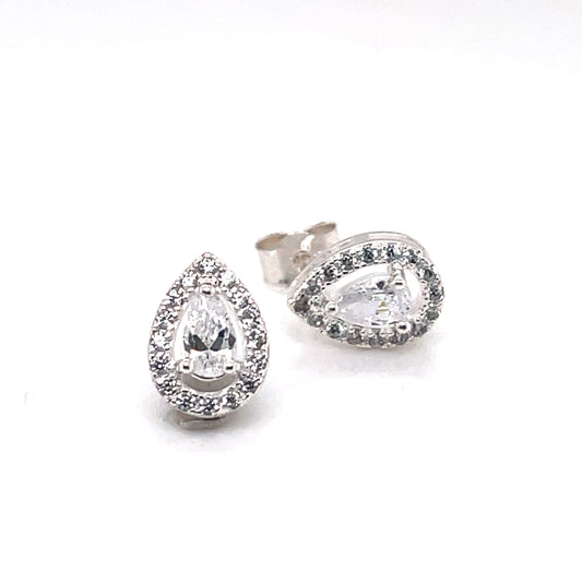 Silver CZ Teardrop Halo Stud Earrings 301