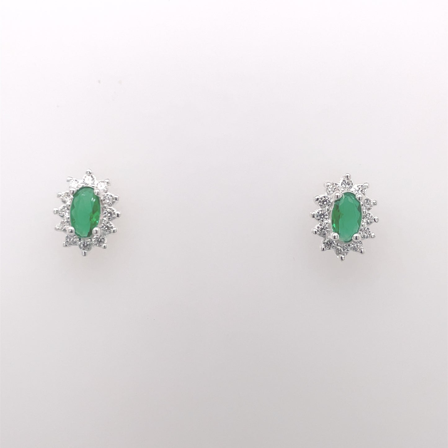 Silver Green CZ Oval Halo Stud Earrings 304EM