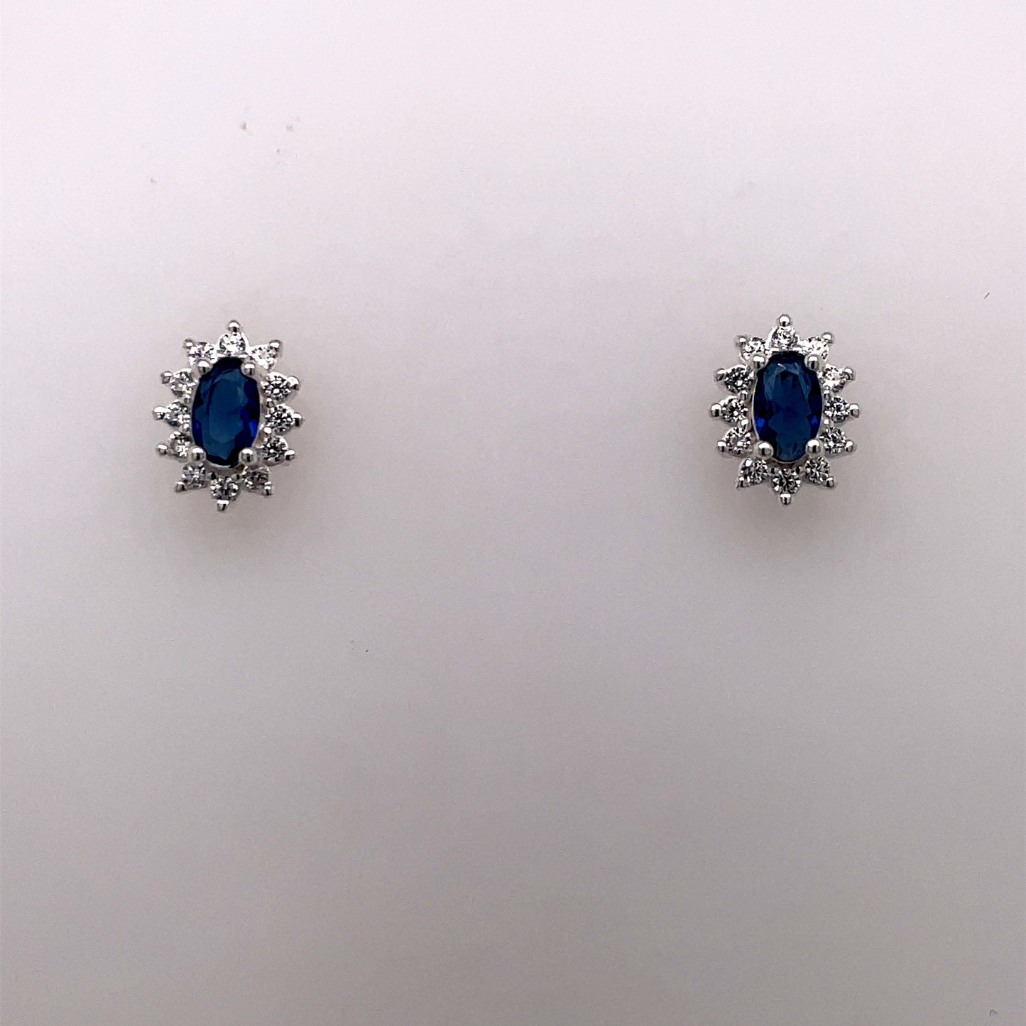 Silver Blue CZ Oval Halo Stud Earrings 304S