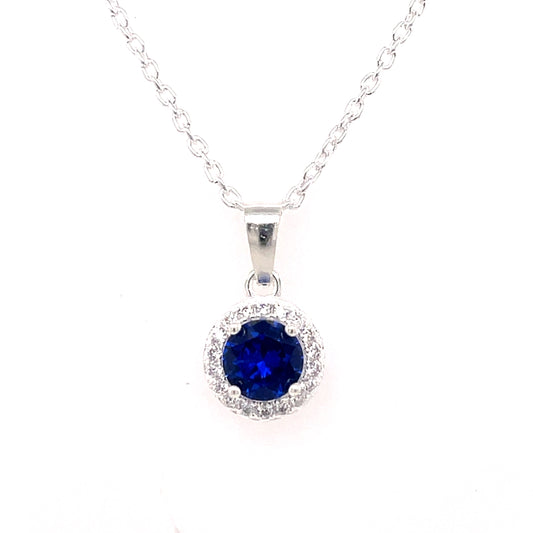 Sterling Silver Blue CZ Halo Pendant 305S